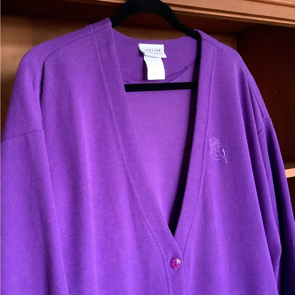 Vintage Jantzen Cardigan Sweater Size XL Purple 90s Retro Preppy Button Up - Picture 2 of 13